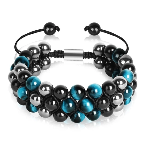 Bracelet Perles Oeil De Tigre Naturel Obsidienne Hématite Multicouche Corde Tressée Ajustable Bijoux Protection Unisexe