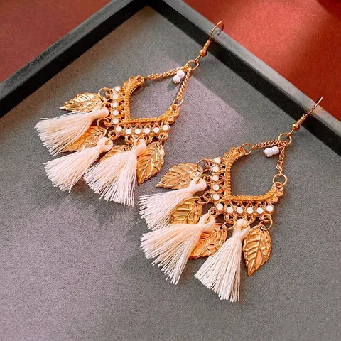 Bohemian Tassel Hook Earrings Alloy Gold Leaf Hollow Geometric Ethnic Vintage Dangle Drop Jewelry For Women