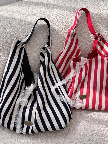 Women Striped Canvas Tote Bag Large Capacity Casual Shoulder Handbag With Lace Trim Vintage Metal Logo Plate Daily