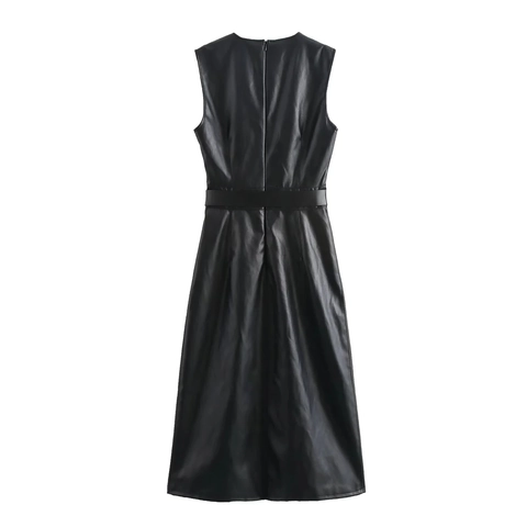 Sleeveless Faux Leather Midi Dress Round Neck Solid Black With Belt Elegant Streetwear For Women