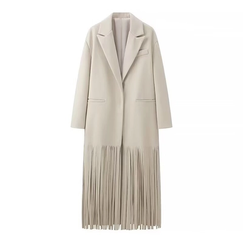 Women's Elegant Suit Collar Long Trench Coat Dress With Fringe Hem Creamy White Polyester Long Sleeve Outerwear For Autumn