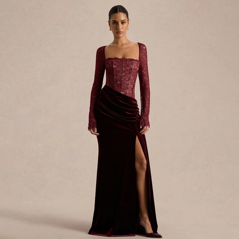 Sexy Spitze Samt Patchwork Abendkleid Eckiger Ausschnitt Hoher Schlitz Langarm Rückenfrei Elegant Bodenlang Kleid Für Damen