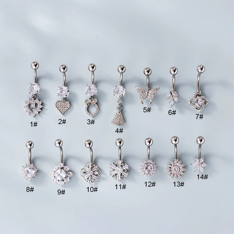 Cubic Zirconia Belly Piercing Rings Stainless Steel Bar Heart Flower Butterfly Navel Piercing Jewelry For Women