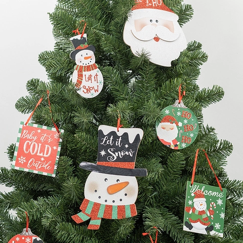 Christmas Hanging Ornaments Wooden Santa Snowman Signs Glitter Holiday Tags For Tree Wall Decor With Lanyards