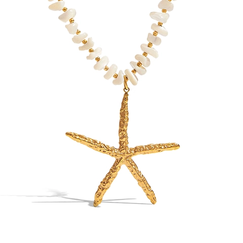 Collar Con Colgante De Estrella De Mar Acero Inoxidable Chapado En Oro 18K Texturizado Piedra Natural Joyería De Verano