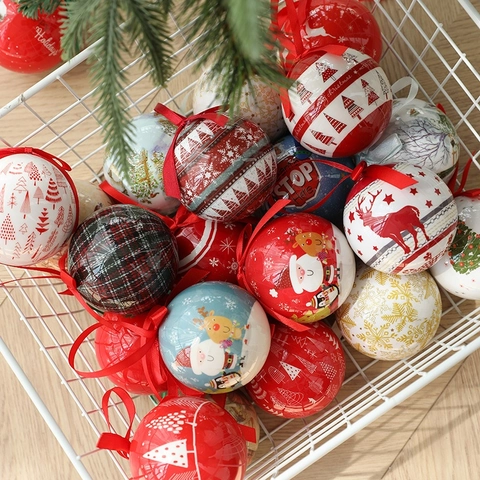 Christmas Ball Ornaments Tinplate Hanging Baubles Ribbon Bow Tree Decoration Vintage Festive Reindeer Snowman Patterns