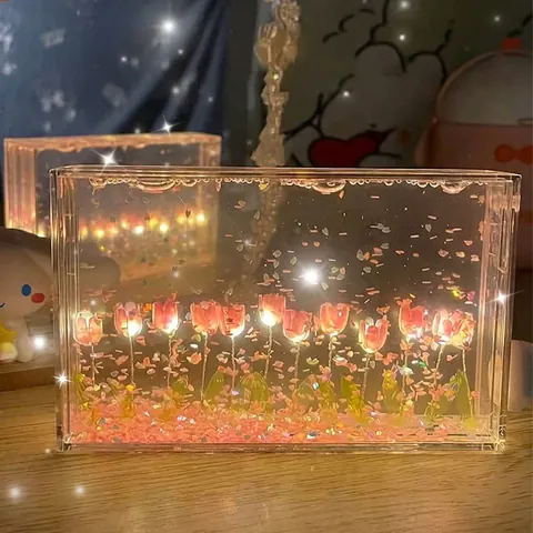 Tulip Night Light DIY Kit Acrylic Quicksand Flower LED Table Ornament Romantic Atmosphere Lamp Valentine Day Gift