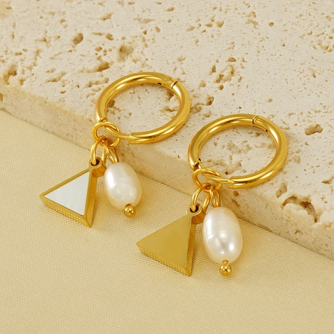 Pendientes De Aro De Acero Inoxidable Chapado En Oro De 18K Perla Artificial Natural Nácar Triángulo Elegante Lujo Mujer