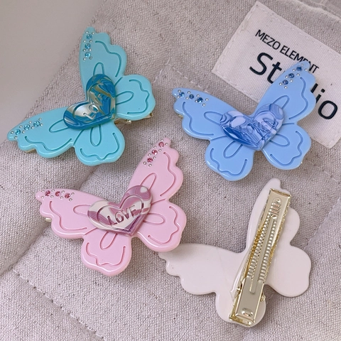 Barrettes À Cheveux Papillon Acétate Cœur Doux Inscription Love Strass Pince À Bec De Canard Accessoires Pour Femmes Filles