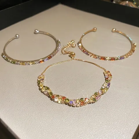 Pulsera De Zirconia Colorida De Moda Para Mujer Cobre Piedras Preciosas Multicolores Brazalete Abierto Joyería De Lujo Ajustable