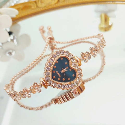Heart Shaped Dial Women Quartz Watch Alloy Rhinestone Adjustable Flower Bracelet Wristwatch Fashion Luxury For Ladies