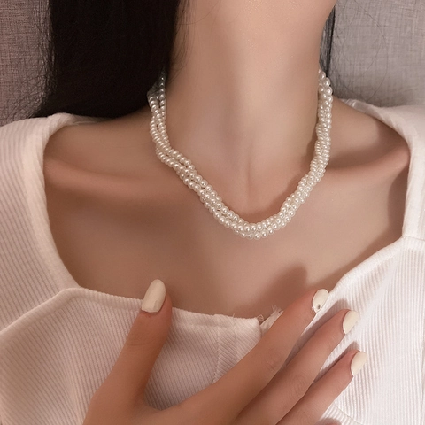 Collar De Perlas Artificiales Artificiales Multicapa Elegante Retorcido Gargantilla Estilo Coreano Joyería De Aleación Para Mujeres