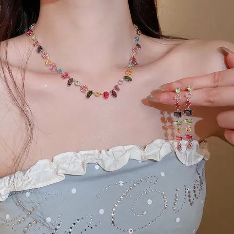 Colorful Geometric Square Zircon Necklace Bracelet Earrings With Silver Earring Post For Women Copper Jewelry