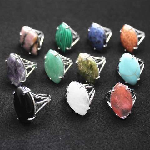 Marquise Cut Natural Stone Open Adjustable Ring Minimalist Alloy Silver Plated Large Statement Finger Ring for Women Jewelry Gift