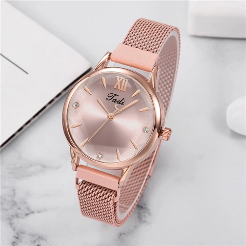 Women Fashion Quartz Watch With Minimalist Sunray Dial Rhinestone Markers Milanese Stainless Steel Mesh Strap And Magnetic Buckle Casual Wristwatch Gift