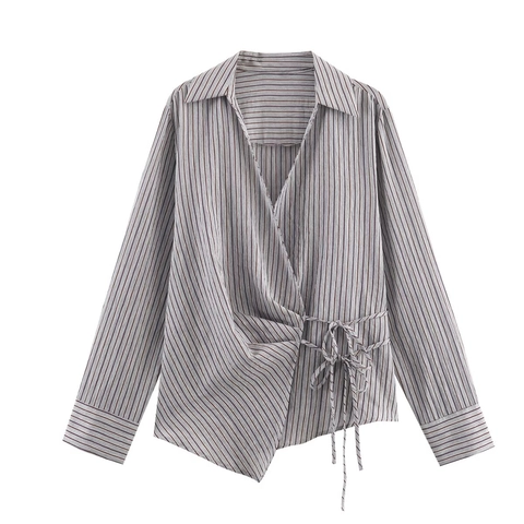 Gestreifte Langarmbluse Damen V Ausschnitt Seitlich Bindeknoten Modisch Elegant Asymmetrischer Saum Polyester Top Casual Hemd