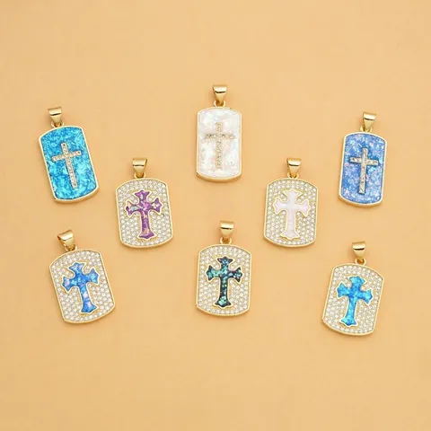 Pendente Croce Hip Hop Rame Placcato Oro 18K Rettangolare Opale Sintetico Zirconia Gioielli Di Moda