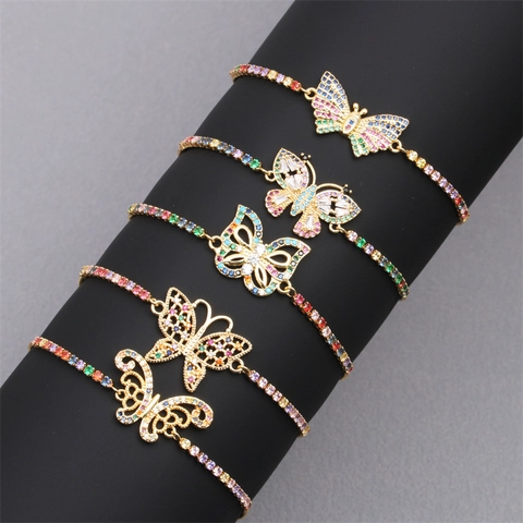 Butterfly Bracelet Copper Multicolor Cubic Zirconia Micro Pave Adjustable Bolo Clasp Fashion Jewelry For Women