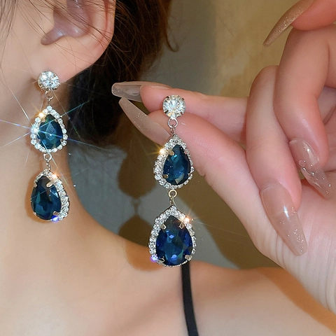 Ensemble Collier Et Boucles D'oreilles Goutte D'eau Strass Bleu Vintage Tige En Argent Style Cour Française Luxe Femmes