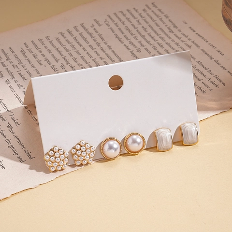 Elegant Geometric Alloy Imitation Artificial Pearl Enamel Flower Square Round Stud Earrings With Silver Earring Post For Women