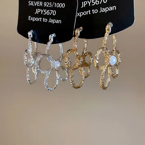 Hollow Flower Textured Artificial Pearl Earrings With 925 Sterling Silver Earring Post Retro Simple Elegant Metal Jewelry For Women