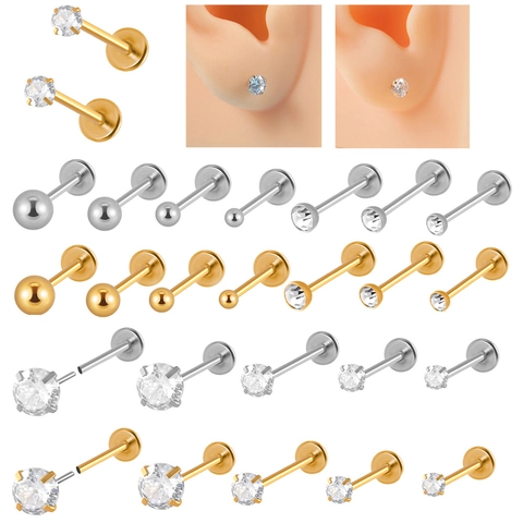 Stainless Steel Zircon Round Ball Push In Labret Lip Studs Flat Back Tragus Cartilage Ear Piercing For Women Men