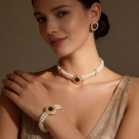 Gioielli Vintage Doppio Strato Collana Bracciale Silver Earring Post Finta Perla Artificial Occhio Di Tigre Turchese Strass Stile Palazzo
