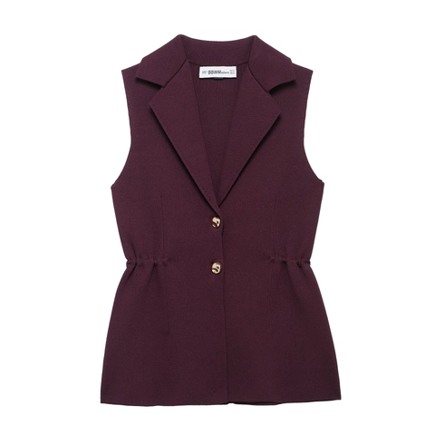 Women Knit Vest Gilet Sleeveless Suit Lapel Collar Waist Cinching Gold Buttons Elegant Solid Color Top