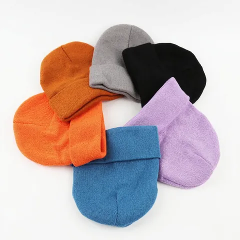 Knitted Beanie Hat Acrylic Polyester Solid Color Warm Winter Cuffed Rolled Edge Skull Cap Unisex Elastic Simple Casual