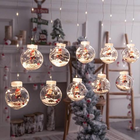 Christmas LED Curtain String Lights Warm White Hanging Ornaments Santa Claus Snowman Reindeer Tree Decorative Lighting Holiday Home Party Window