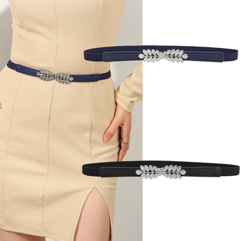 Cinturón Elástico de Cintura para Mujer con Cierre de Hoja de Plata Estrecho Empalme de Cuero PU Cinturilla Elástica para Vestido