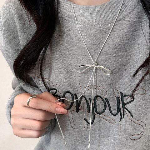 Bowknot Tassel Long Necklace Alloy Snake Bone Chain Water Drop Pendant Minimalist Elegant Jewelry For Women