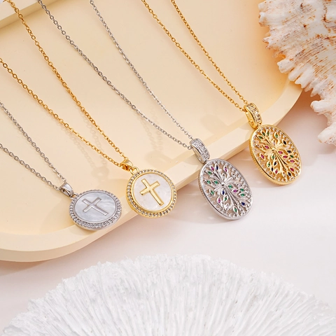 Collana con Pendente a Croce Albero della Vita in Rame Placcato Oro Argento Con Zirconia Madreperla Gioielli Donna