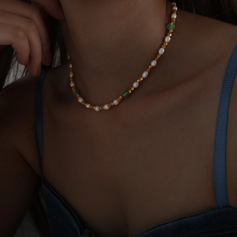 Vintage French Style Beaded Necklace With Freshwater Pearl Natural Green Agate Water Drop Titanium Steel Choker For Women