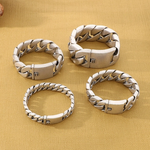 Bracciale A Catena Cubana Retro Da Uomo In Acciaio Inossidabile Argento Antico Punk Industriale Catena Pesante