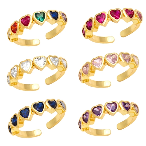 Heart Shaped Zircon Open Ring Copper Gold Plated Adjustable Colorful Fashion Jewelry Vintage Style Elegant For Women