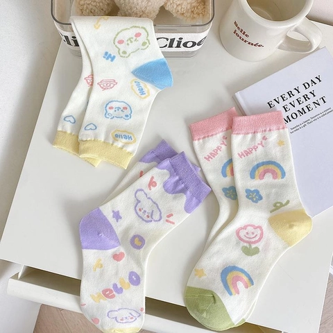 Womens Crew Socks Cartoon Bear Rainbow Print Polyester Knit Breathable Soft Daily Wear Japanese Kawaii Style Colorful
