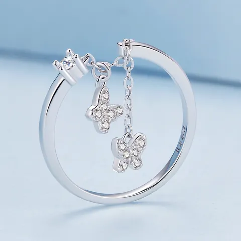 Luxury 925 Sterling Silver Butterfly Chain Open Ring For Women Adjustable Zirconia Finger Jewelry Gift Fashion Ring