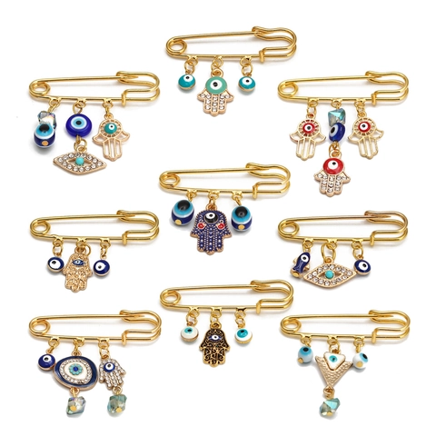 Spilla Vintage in Lega Dorata Con Occhio del Diavolo e Mano di Fatima Strass per Donna Uomo Gioielli Etnici Bohemien Regalo