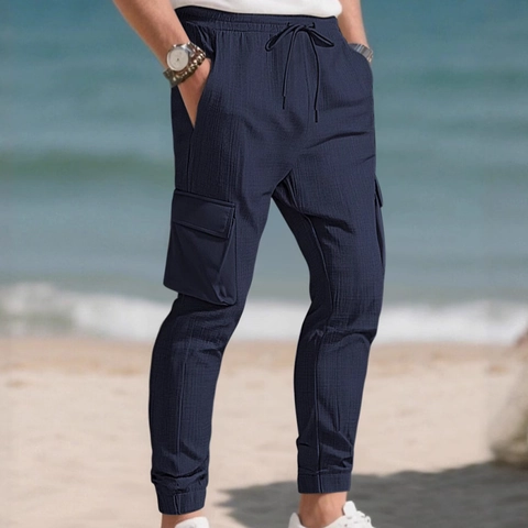 Men Cargo Joggers Textured Fabric Multi Pocket Adjustable Tie Waist Casual Sweatpants Cuffed Pants