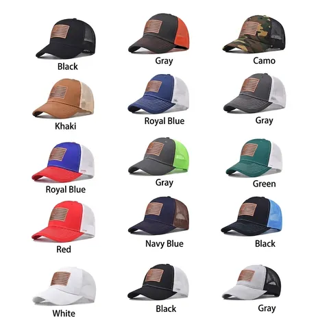 Gorra Trucker Con Parche De Cuero Bandera USA Algodón Malla Transpirable Béisbol Aire Libre Vintage Ajustable