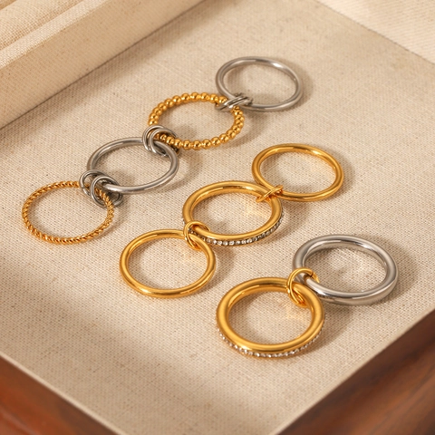 Interlocked Multi-Layered Ring 18K Gold Plated Stainless Steel Micro Inlaid Zircon Stackable Band Fashion Jewelry Women