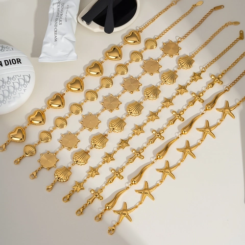 Bracciale In Oro Acciaio Inossidabile Donna Estate Stella Marina Conchiglia Cuore Ciondolo Regolabile Gioielli Impermeabile