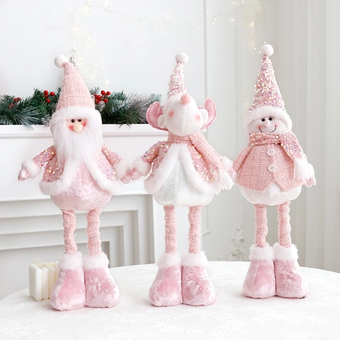 Pink Christmas Plush Ornaments Sequin Santa Claus Snowman Reindeer Home Holiday Decor Sitting Long Legs Telescopic Festive Decoration