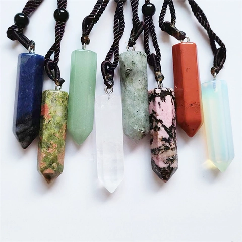 Collar Con Colgante De Cristal De Piedra Natural En Forma De Columna Hexagonal Con Cordón Trenzado A Mano