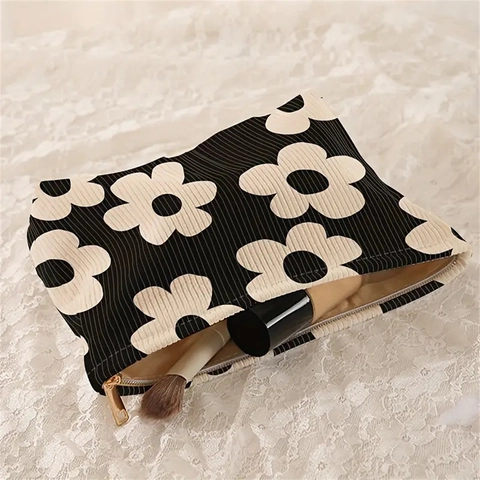 Borsa Per Cosmetici In Velluto A Coste Con Stampa Floreale Pochette Da Trucco Chiusura Lampo Organizer Da Viaggio Portatile