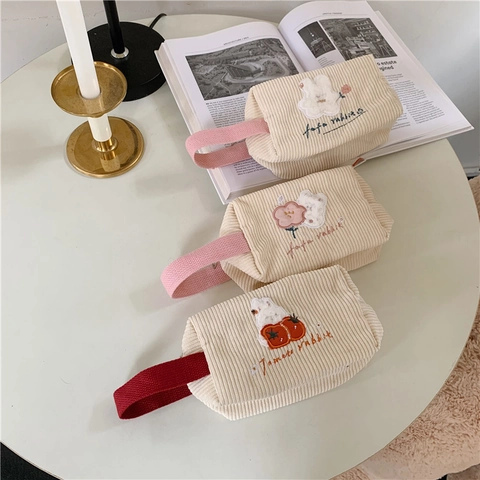 Trousse Maquillage Velours Côtelé Mignon Lapin Brodé Pochette Cosmétique Portable Organisateur Voyage Kawaii
