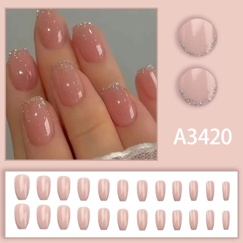 Unghie Finte A Pressione Nude Rosa Glitter Argento Ombré Francese Forma Ballerina Semplice Elegante Ragazze Unghie Artificiali
