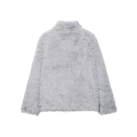 Women Faux Fur Jacket Soft Plush Solid Grey Lapel Collar Long Sleeve Short Coat Warm Outerwear Winter Fashion