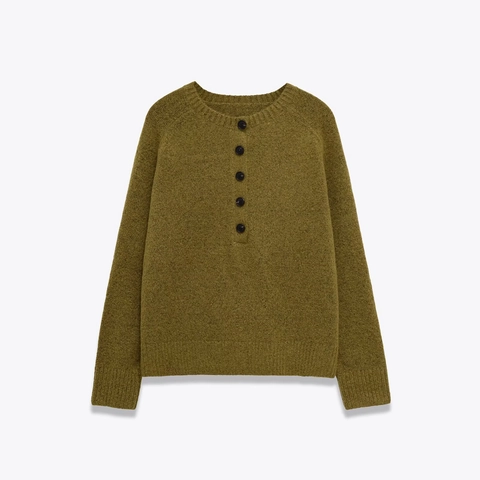 Suéter De Punto Mujer Holgado Casual Cuello Redondo Media Tapeta Botones Verde Oliva Suave Poliéster Acrílico Manga Larga